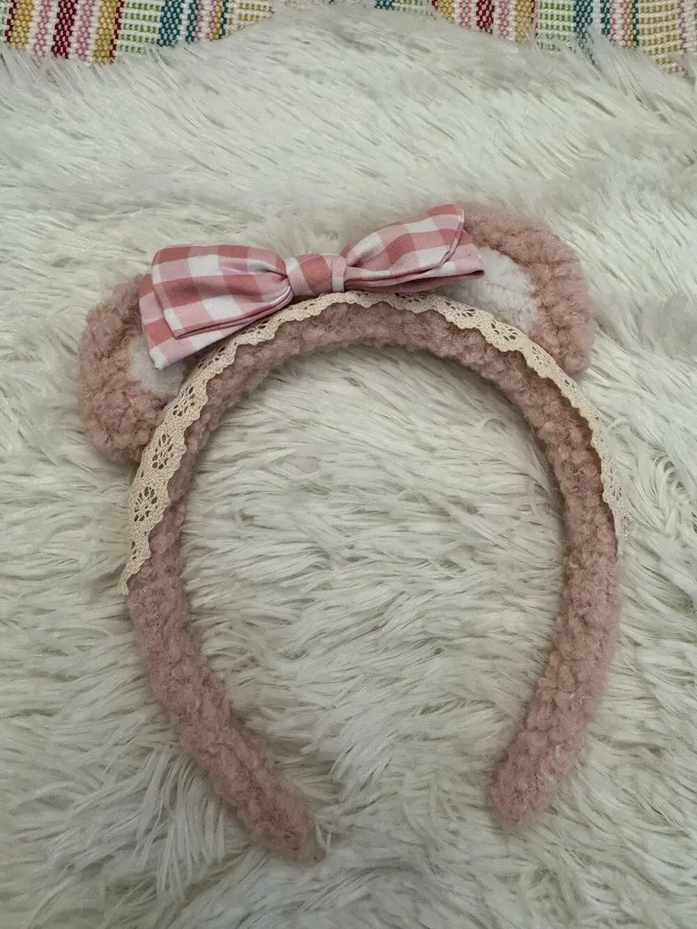 Pink Bear Ears Headband Cosplay Fuzzy Head Band Makeup Spa Costume